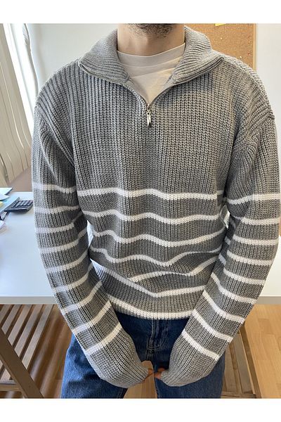 COOL TARZ Gray-White Men's Regular Zippered Fishing Knitwear Sweater