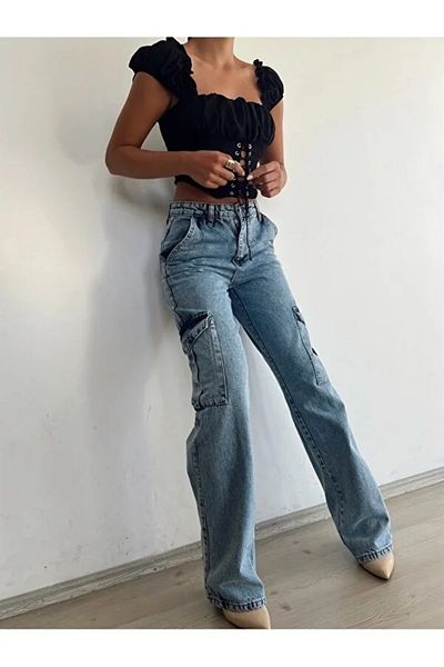 Trn JNS Luis Women - Blugi cargo din Lycra cu talie super înaltă, spălați cu zăpadă medie