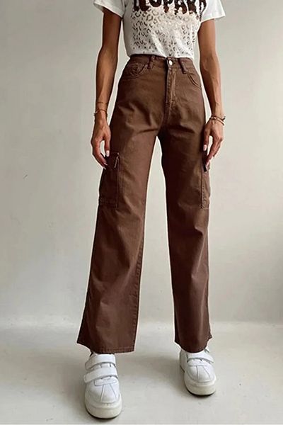 Trn JNS Sophie Γυναικεία Lycra Brown Super High Waist Πίσω Μοντέλο Cargo Jeans χωρίς τσέπη