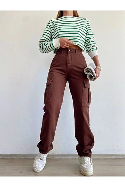 Trn JNS Clara Brown Super High Waist Γυναικεία Lycra Πίσω Μοντέλο Cargo Jeans χωρίς τσέπη