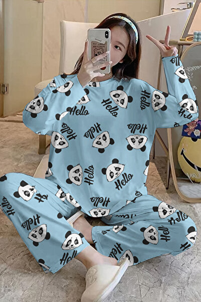 PEMBİŞ HOMEWEAR Uzun Kollu Pijama Takımı Panda Hello Supersoft Basic Süprem