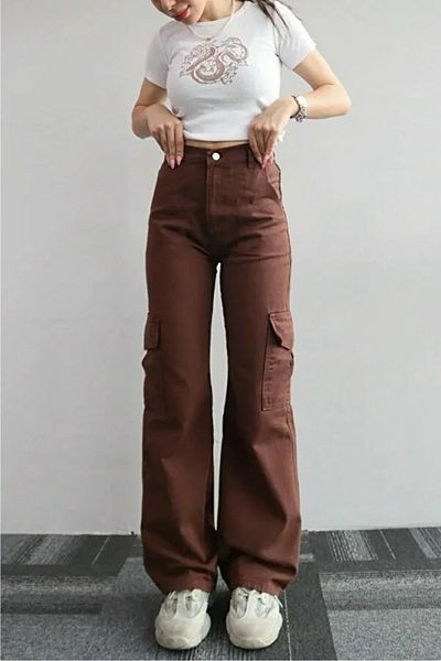 Trn JNS Maura Brown Super High Waist Women's Lycra Back Pocketless Model Cargo Jeans