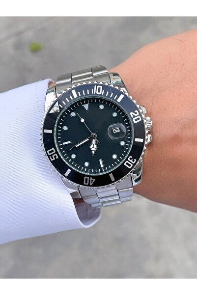 İSTLİV Erkek Gümüş Kordon Siyah Kadran Rolex Modeli Çelik Kasa Kol Saati