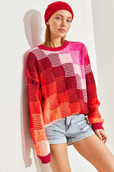 Bianco Lucci Women's Colorful Square Pattern Knit Sweater