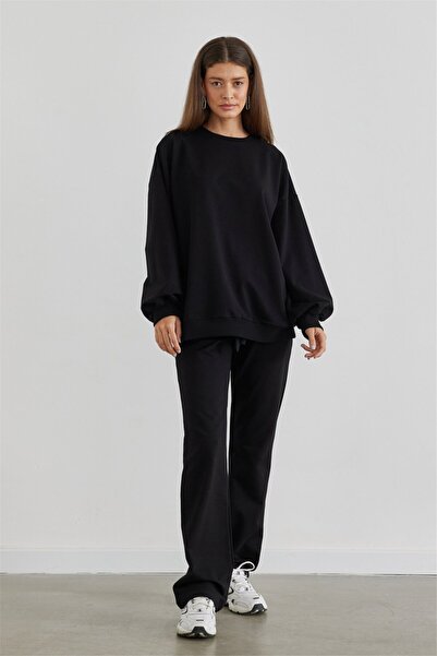 FİTGO Pantaloni de sport negri, cu două fire, cu picioare drepte