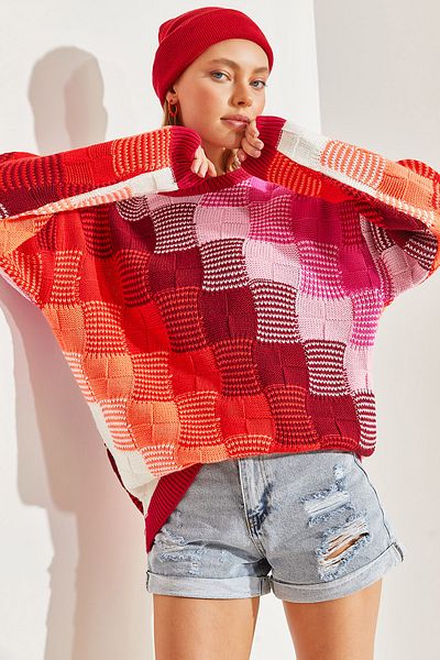 Bianco Lucci Women's Colorful Square Pattern Knit Sweater