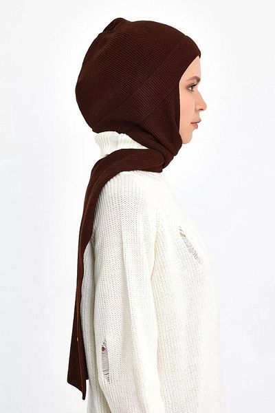 Merwishop Attachable Beret with Scarf 778 Brown