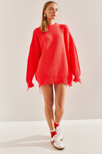 Bianco Lucci Women's Thessaloniki Knit Openwork Detailed Oversize Knitwear Sweater