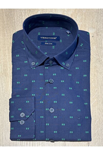 VERDTONE Довгорукавна сорочка Slim Fit з бавовняної тканини з мікровізерунком, темно-синя, чоловіча, повсякденна
