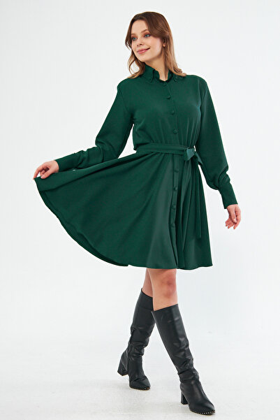 NO48 Zümrüt Yeşili Uzun Kol Düğmeli Beli Lastikli Kuşaklı Dokuma Dökümlü Kuma...