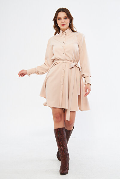 NO48 Κρεμ μακρυμάνικο φόρεμα με ελαστική μέση με ζώνη υφαντό ντραπέ ύφασμα μί...