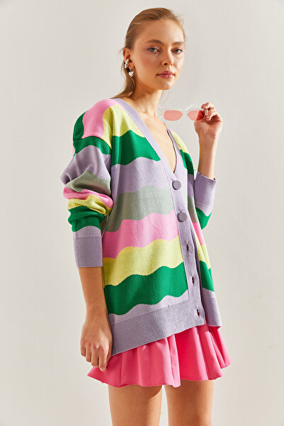 Bianco Lucci Women's Multi Patterned Oversize Knitwear Cardigan