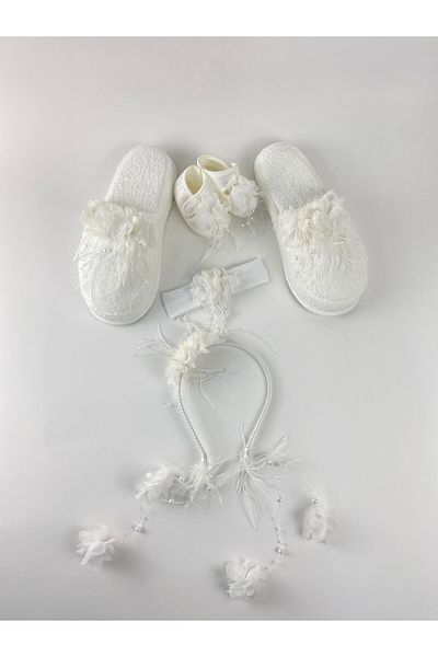 Lohussa Ecru Pearl Stoned Floral Maternity Crown, Slippers, Bandana, Baby Booties Set