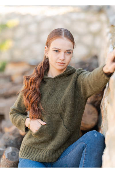 Kapüşonlu Kanguru Cepli Örme Sweatshirt