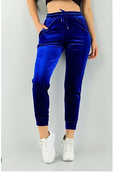 İyisini İstersen Women's Blue High Waist Large Size Velvet Fabric Sweatpants