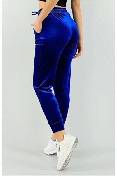 İyisini İstersen Women's Blue High Waist Large Size Velvet Fabric Sweatpants