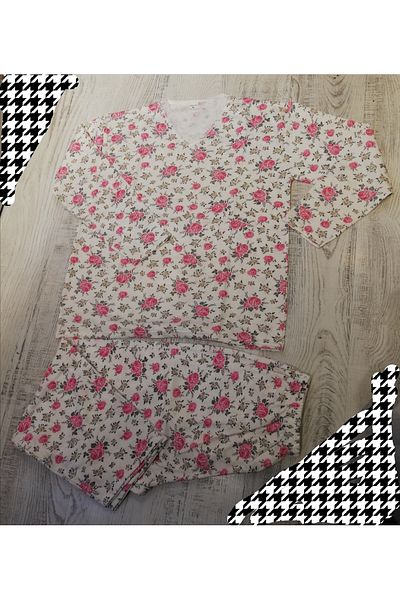 MYS Women's Plus Size Pink Floral Collar Lace Detailed Ribbed Long Sleeve Pajama Set