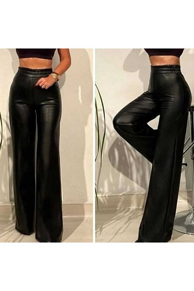 İDA ACCESSORY Women's Elastic Waist Basic Cotton Wide Leg Leather Pants with Ribbon Inside