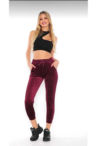 İyisini İstersen KADIN BORDO YÜKSEK BEL BÜYÜK BEDEN KADİFE EŞOFMAN ALTI