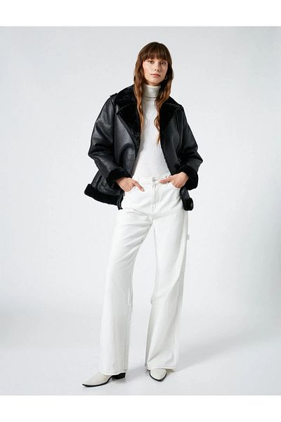 Koton Biker Jacket Leather Look Plush Detail Zipper Pocket