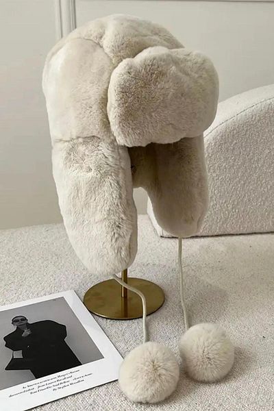 mrcans Beige Plush Eared Pompom Beret Pilot Hat