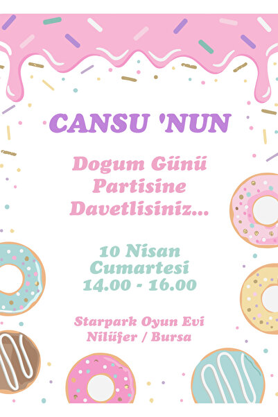 Belinay Bulutay Donut Temalı Doğum Günü Davetiyesi (100 ADET)
