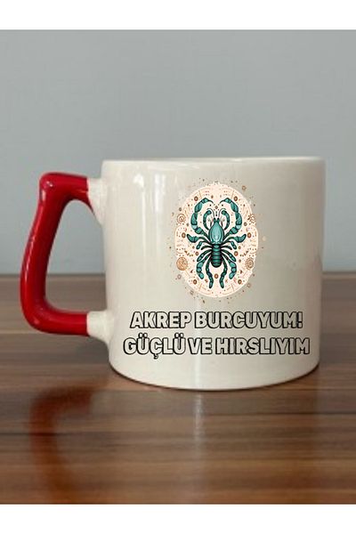 lili hediyelik Scorpio Red Handle Mug - Ceramic Tea, Coffee Gift Cup