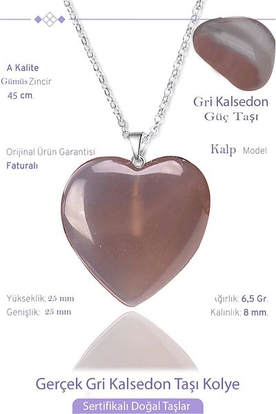 Tesbih Atölyesi Certified Real Heart Model Gray Chalcedony Stone Necklace