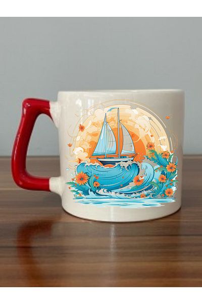 lili hediyelik Sea Sandal Red Handled Mug Cup - Ceramic Tea, Coffee Gift Cup