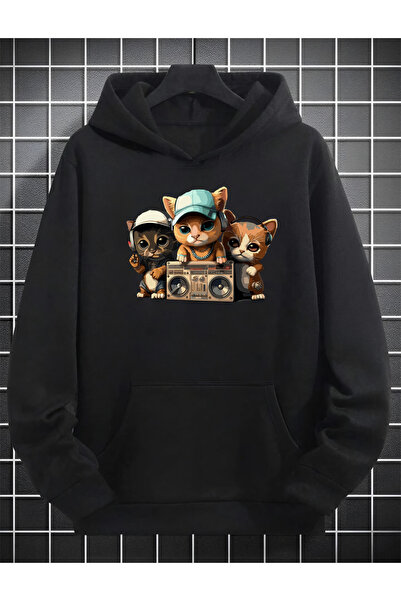 donamod Радіо-кішка дизайн унісекс оверсайз чорний принт з капюшоном світшот