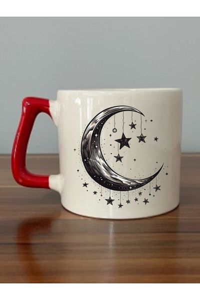 lili hediyelik Moon And Star Inside Red Handle Mug Cup - Ceramic Tea, Coffee Gift Cup