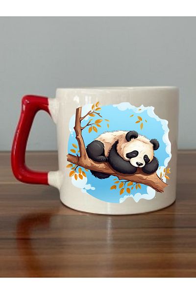 lili hediyelik Panda Visual Red Handled Mug Cup - Ceramic Tea, Coffee Gift Cup