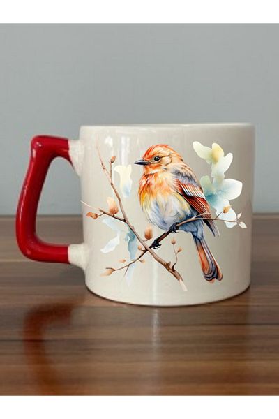 lili hediyelik Red Handled Mug with Bird - Ceramic Tea, Coffee Gift Cup