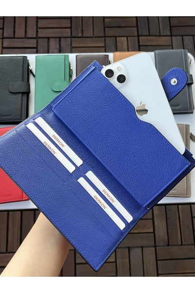 DERKON Noby Model Genuine Leather Saks Blue Wallet with Phone Compartment