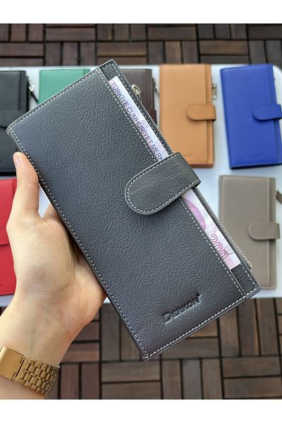 DERKON Noby Model Genuine Leather Gray Wallet with Phone Compartment