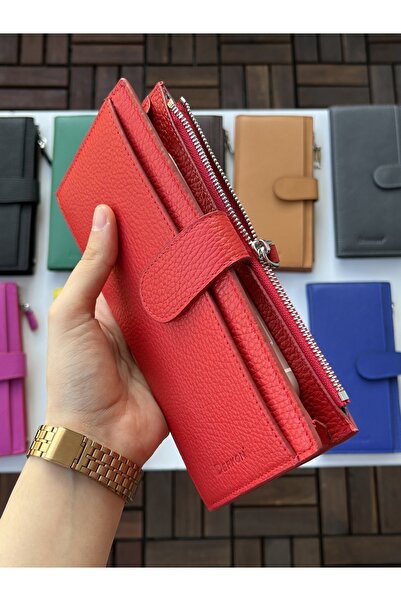 DERKON Telefon Bölmeli Noby Model Hakiki Deri Kırmızı Cüzdan