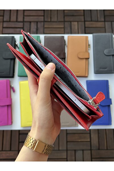 DERKON Telefon Bölmeli Noby Model Hakiki Deri Kırmızı Cüzdan