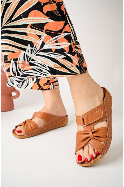 Akgün Terlik Women's Genuine Leather Tan Orthopedic Sole Slippers