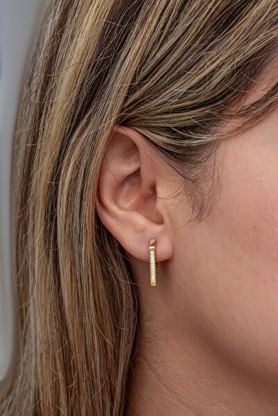 Nereze 925 Ayar Gümüş Gold Kaplama Zirkon Taşlı Üçgen Tasarım Küpe