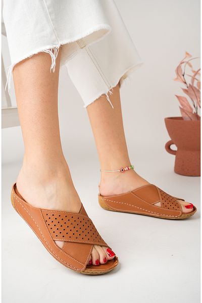Akgün Terlik Women's Genuine Leather Tan Orthopedic Sole Slippers