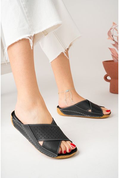 Akgün Terlik Women's Genuine Leather Black Orthopedic Sole Slippers