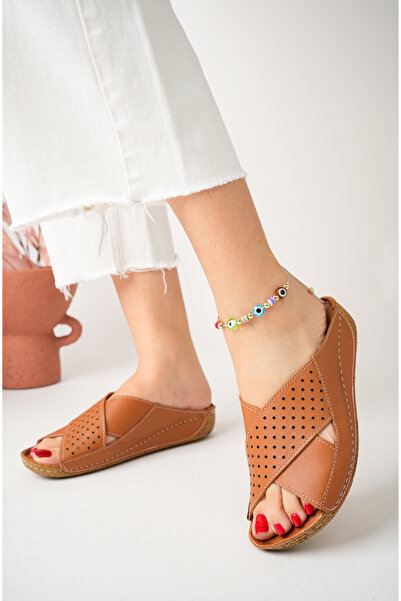 Akgün Terlik Women's Genuine Leather Tan Orthopedic Sole Slippers