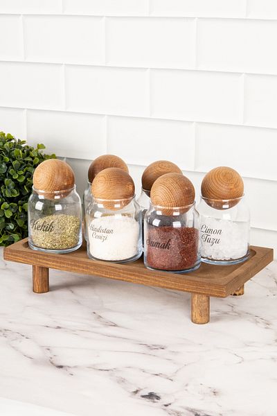 DNS HOME 6-Piece Glass Spice Rack Set with Wooden Ball Lid and Labeled Jar Set with Wooden Stand Storage Container 300ml