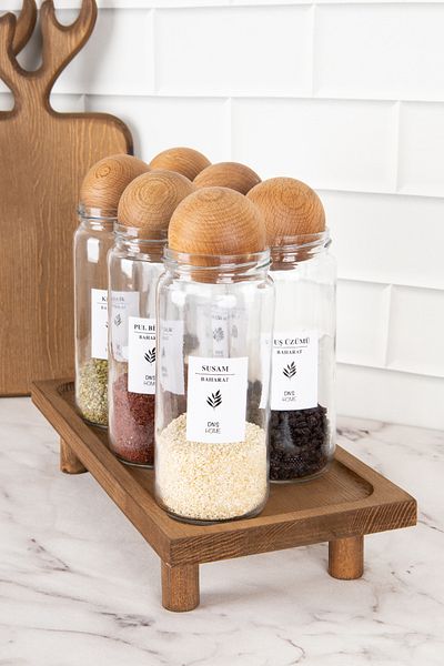 DNS HOME 6-Piece Glass Spice Rack Set with Wooden Ball Lid Storage Container with Wooden Stand Spice Rack with Label 500 ml