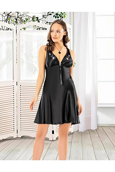 Pastimore Yeni Sezon Rahat Şık Cezbedici Çiçek Detaylı Kadın Siyah Saten Gecelik