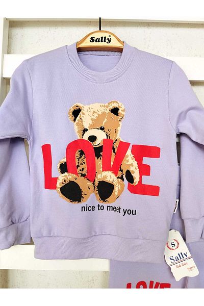 sally baby 2 Thread Seasonal Bear Patterned, Love Written, Pocketed, Bottom Top Set, Tracksuit Set