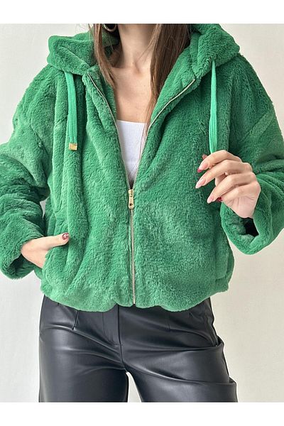 SEDA FİDAN Hooded Plush Coat with Elastic Hem Green