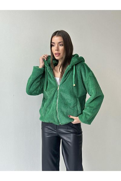 SEDA FİDAN Hooded Plush Coat with Elastic Hem Green