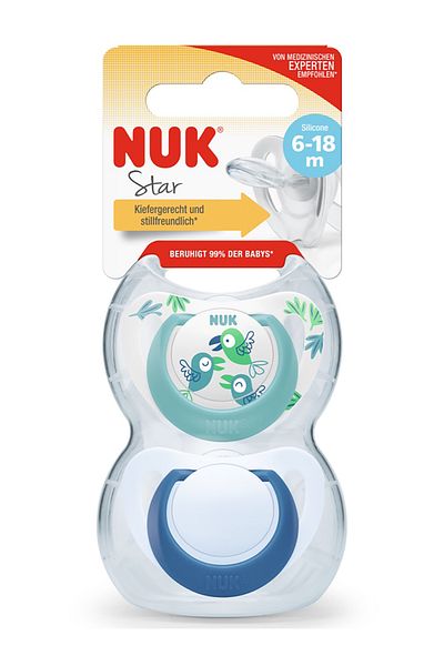 Nuk No:2 Star Silicone Pacifier Set of 2 - with Storage Box 6-18 Months White-Blue