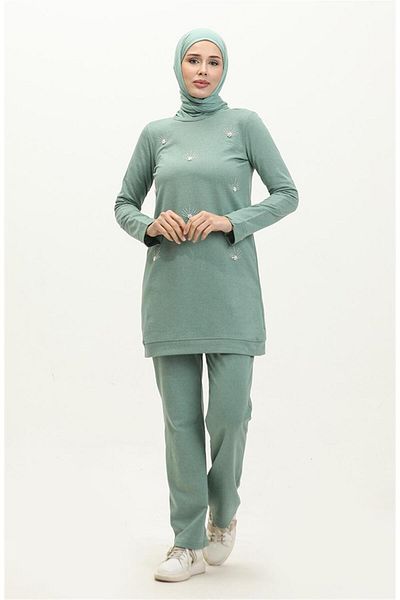 Bwest Crew Neck Long Tunic Trousers Simple Basic Sports Set - 3050 - Green